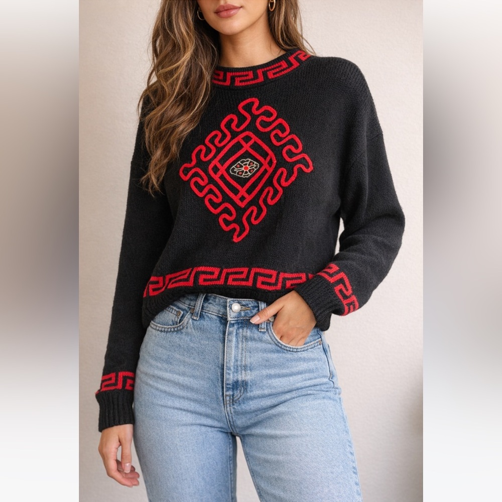 Vintage 90s Fox Black and Red Knit Cozy Sweater